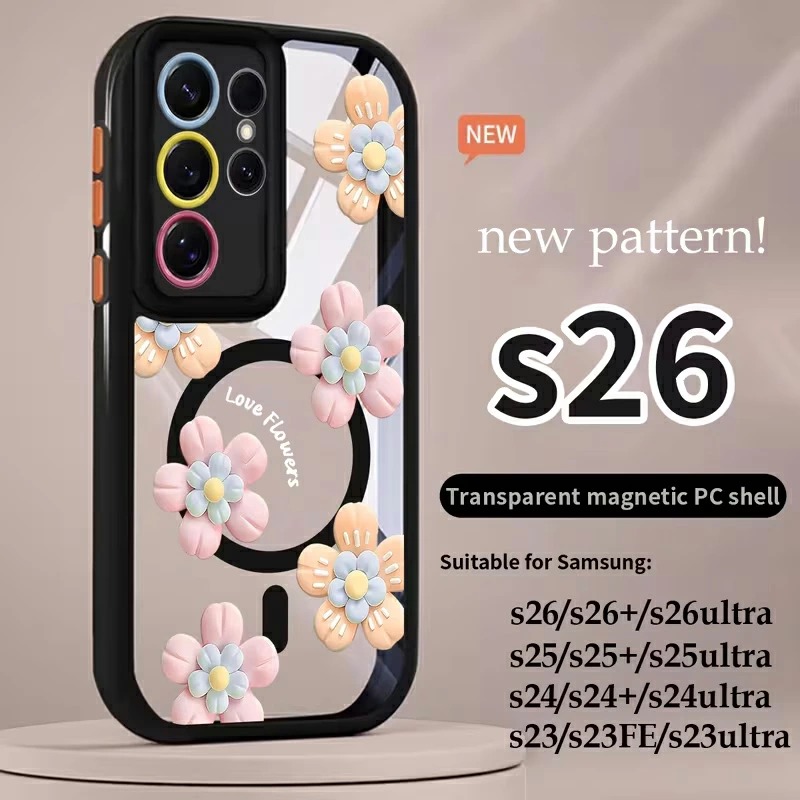 韓国版Samsung Galaxy S26 Ultra + ケース Galaxy S26 Ultra ケース MagSafe対応 花柄 かわいい 3D 立体 フラワー