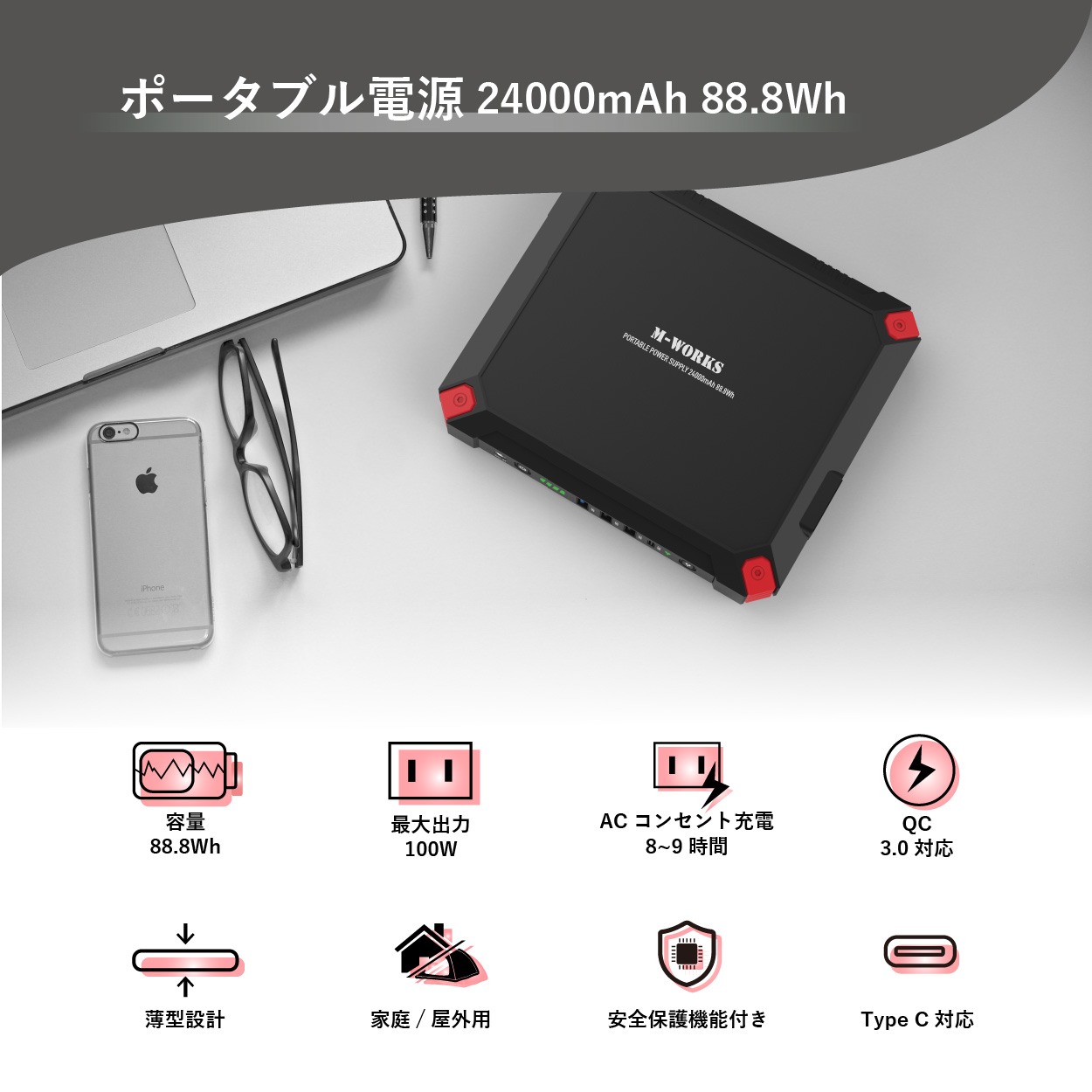 公式】M-WORKS ポータブル電源 ソーラーパネル セット 88.8Wh 機内持込 