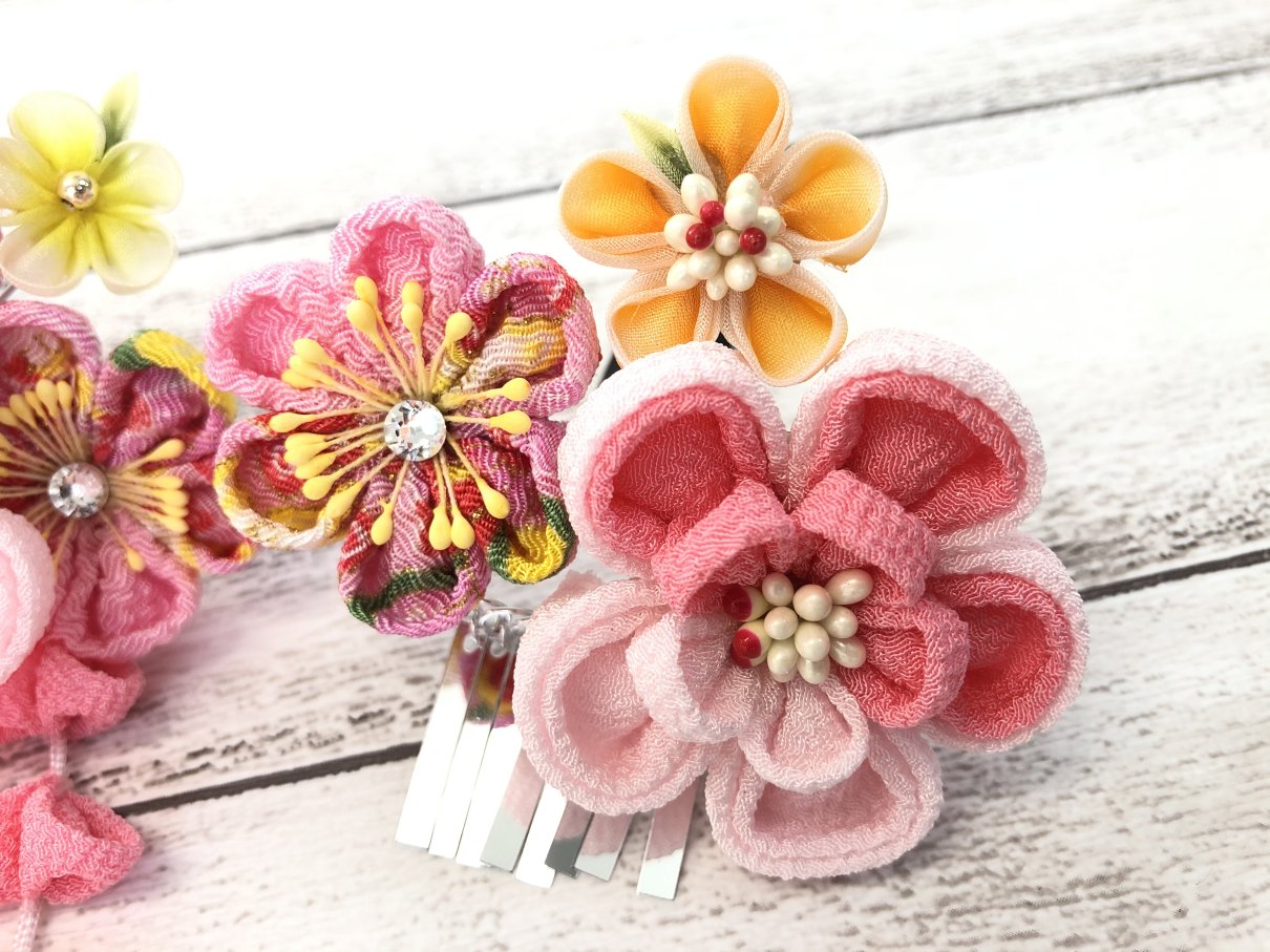 七五三髪飾り #525462P つまみ細工 藤さがり ちりめん 鈴 ビラ 3歳 7歳