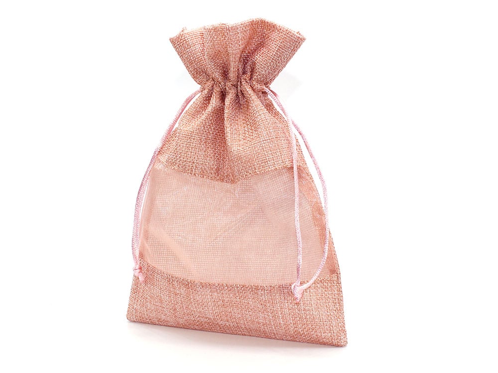 巾着袋 (15cm×22cm) 麻布×オーガンジー ラッピング 小物入れ 赤 ピンク ベージュ 緑 ...