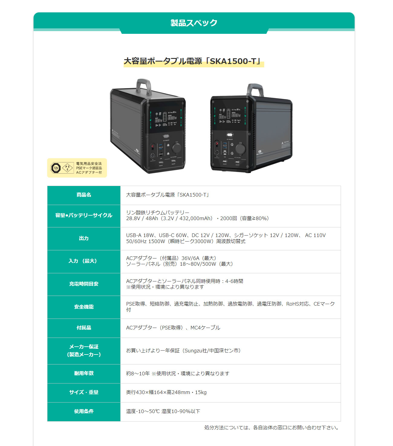 ポータブル電源 SUNGZU SKA1500-T 大容量 432,000mAh 高出力1500W キャンプ、アウトドア、車中泊、災害時や非常用電源にも