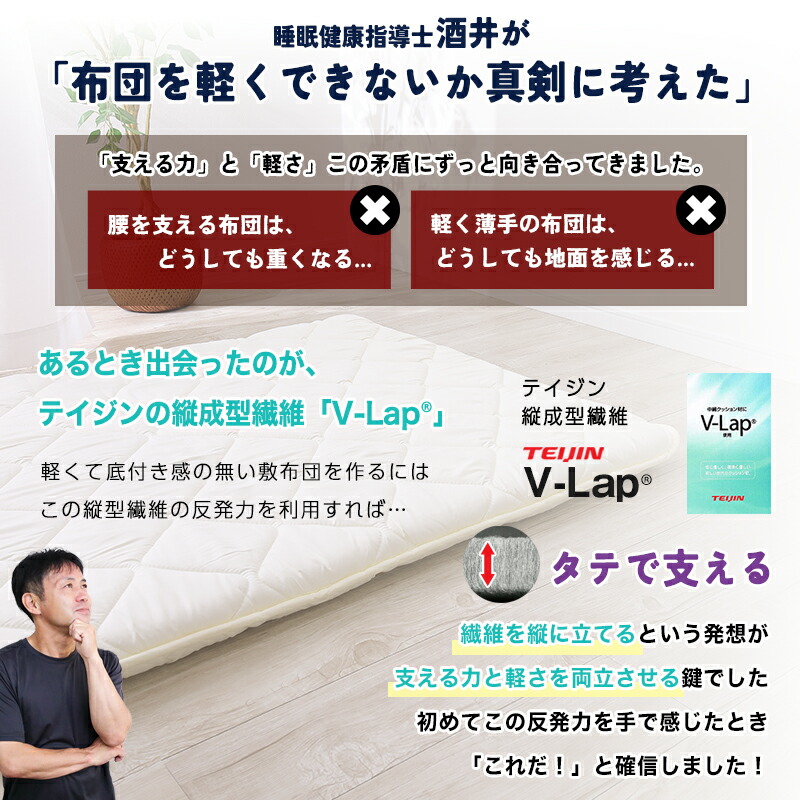 日本製 三層 軽量 敷布団 体圧分散 アクフィット中綿使用 V-Lap使用