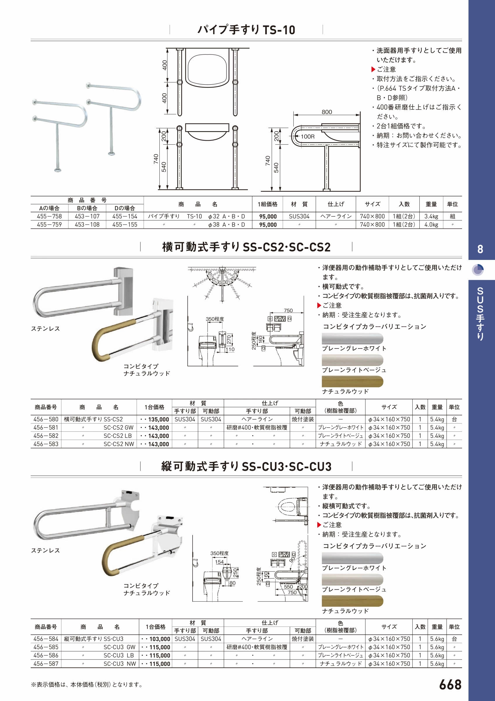 横可動式手すり SS-CS2 ステンレスタイプ「直送品」 : acea-456-580