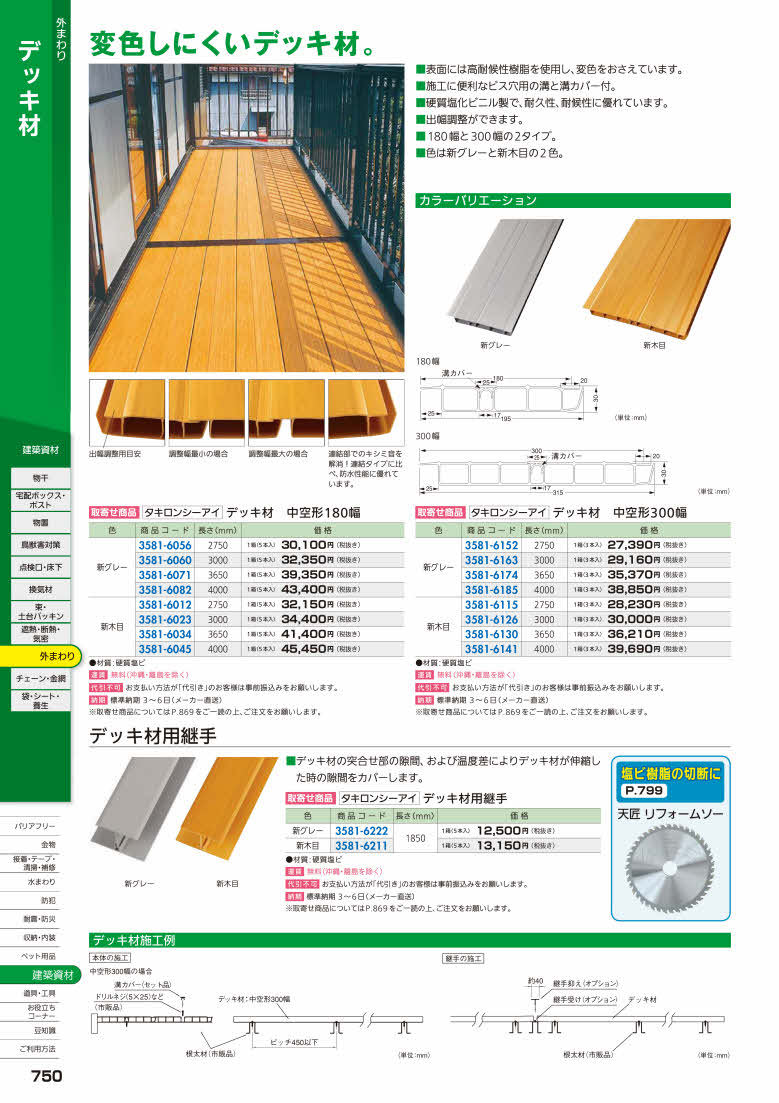 デッキ材樹脂 中空形 新グレー 180×4000 5枚組 タキロンシーアイ