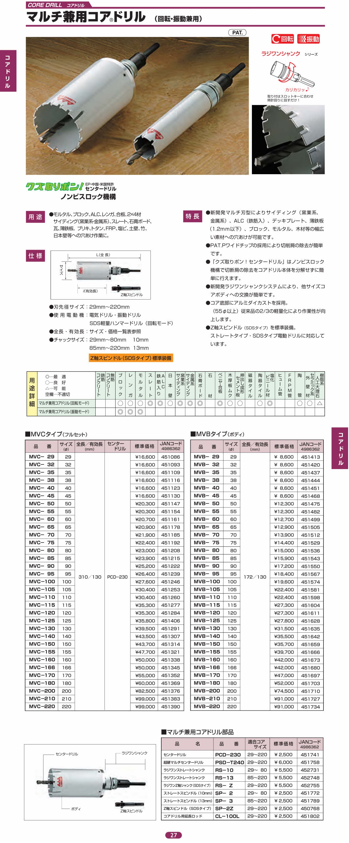 ハウスビーエム マルチ兼用コアドリル(回転・振動兼用) ボディのみ 29φ