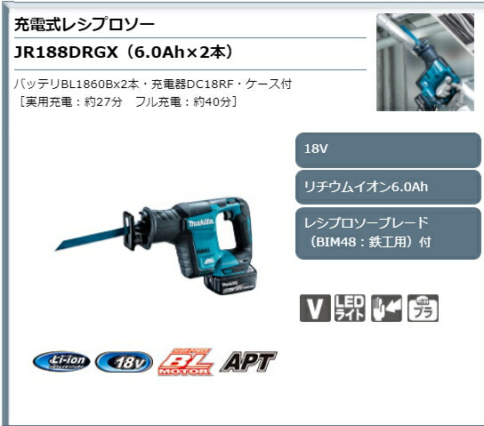 マキタ（makita） JR188DRGX 18V 充電式レシプロソー BL1860B×2本