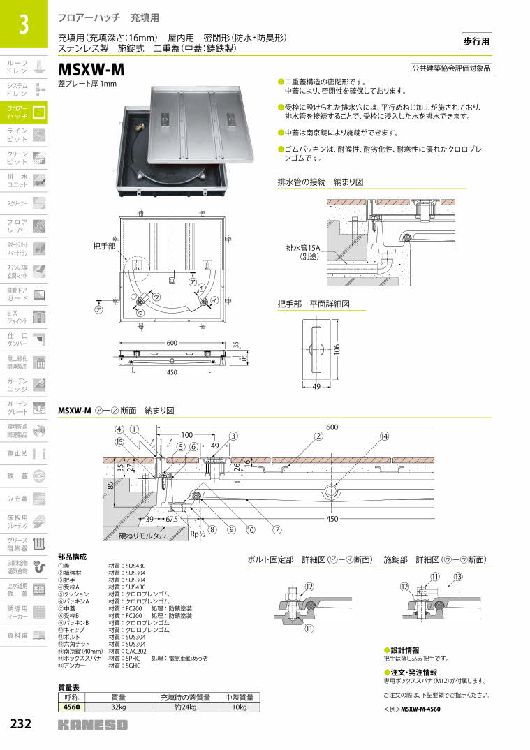 カネソウ フロアーハッチ 充填用密閉形(防水・防臭形)ステンレス カネソウ フロアーハッチ 充填用密閉形(防水・防臭形)ステンレス