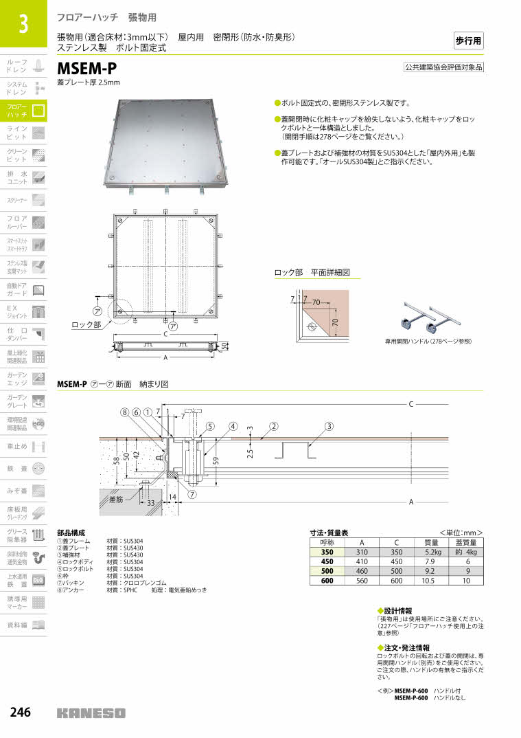 カネソウ フロアーハッチ 張物用密閉形(防水・防臭形)ステンレス製