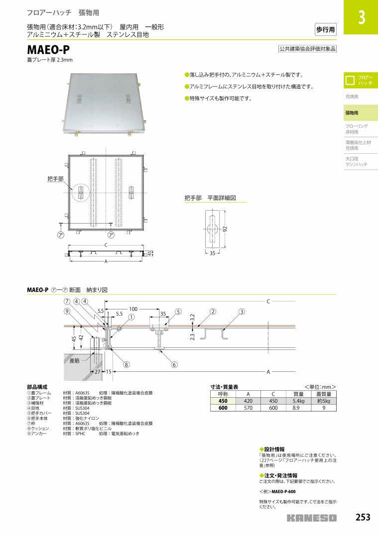 カネソウ フロアーハッチ 張物用一般形アルミニウム+スチール製