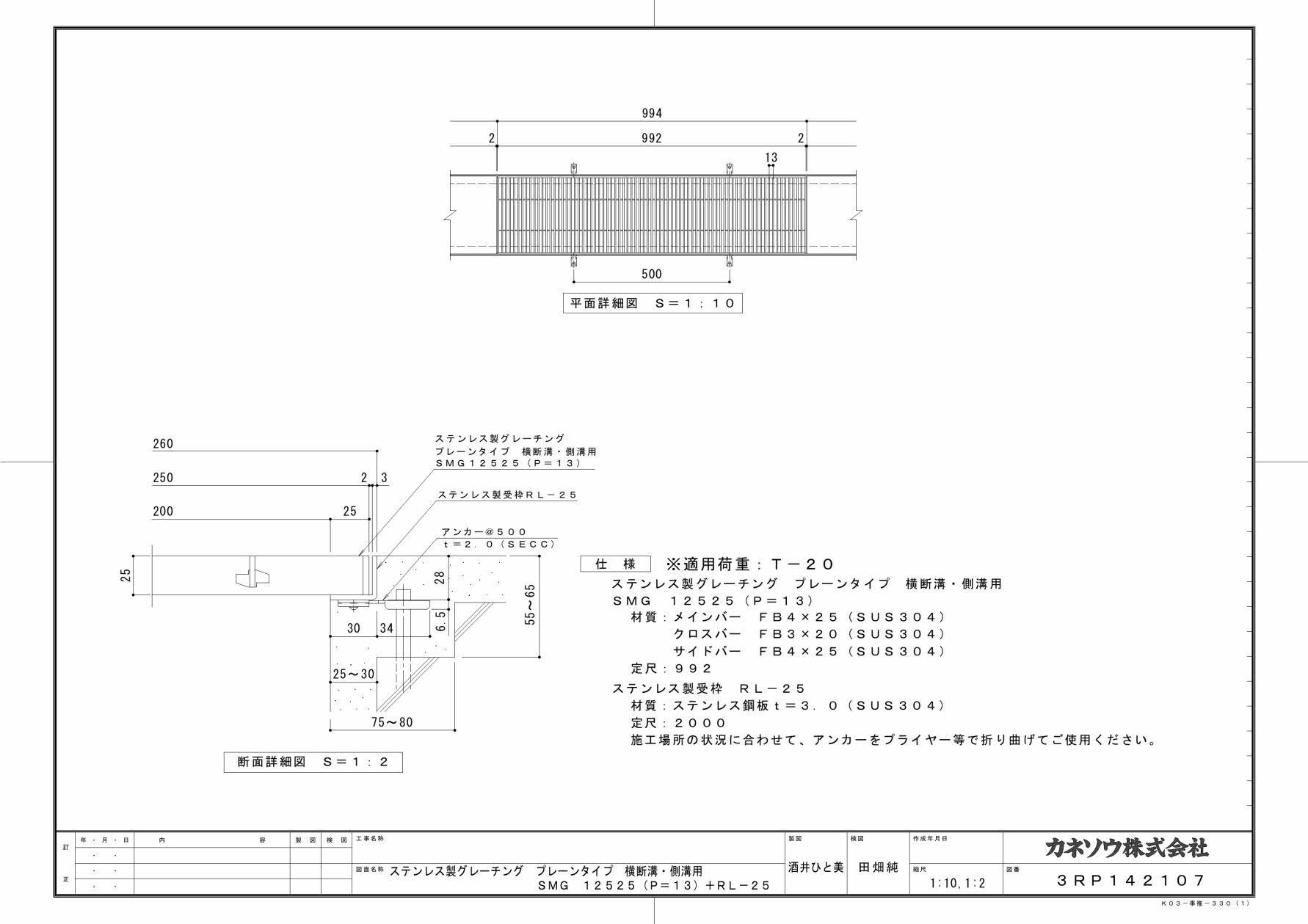 カネソウ SUSグレーチング プレーンタイプ横断溝・側溝用 (SMG-12525-P