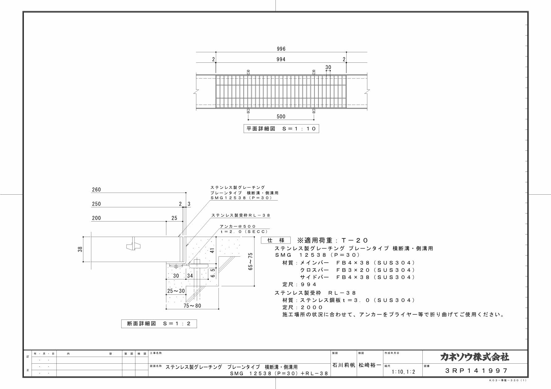 カネソウ SUSグレーチング プレーンタイプ横断溝・側溝用 (SMG