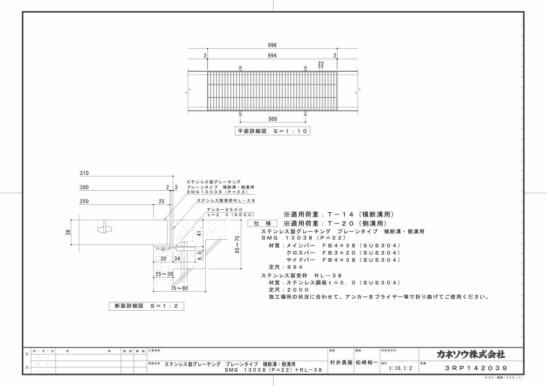 カネソウ SUSグレーチング プレーンタイプ横断溝・側溝用 (SMG-13038-P