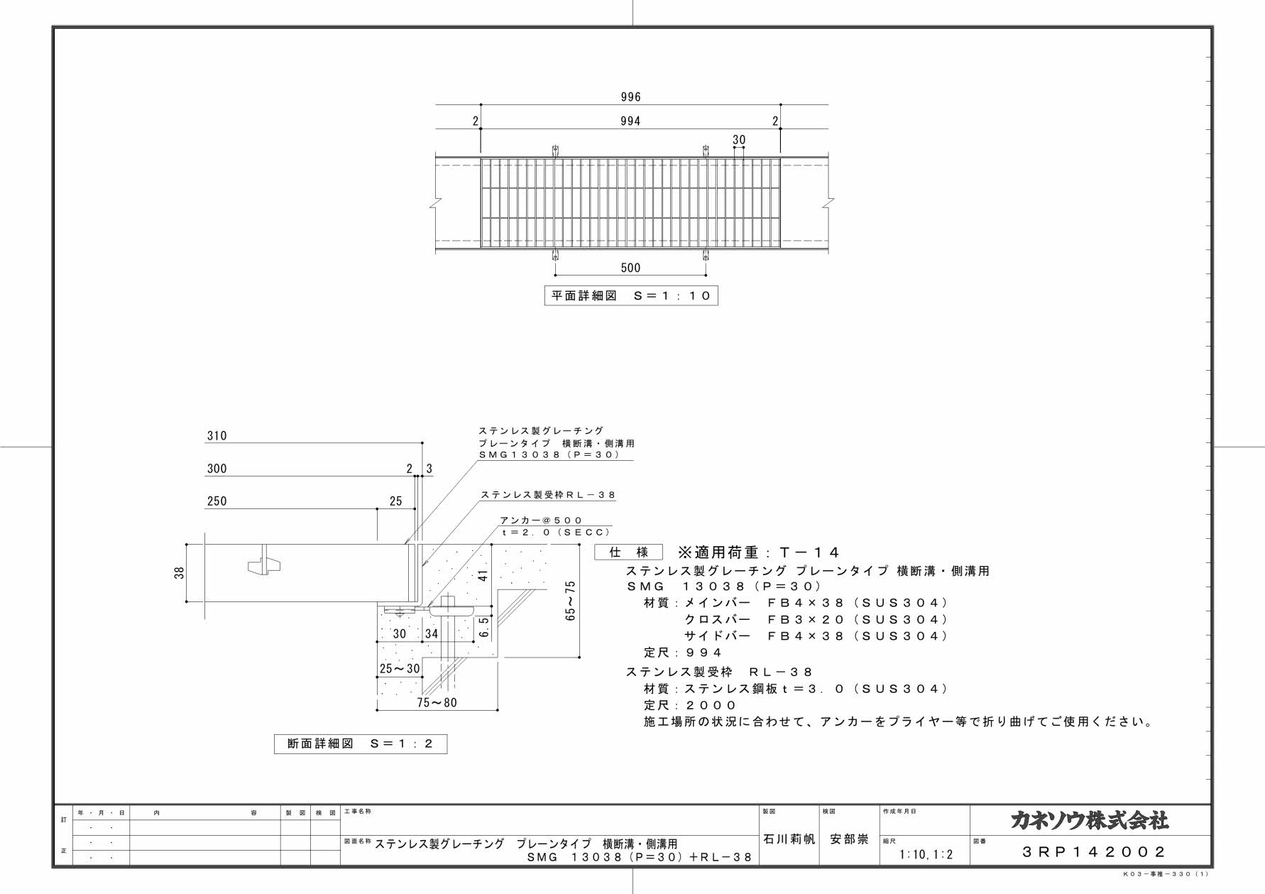 カネソウ SUSグレーチング プレーンタイプ横断溝・側溝用 (SMG-13038-P