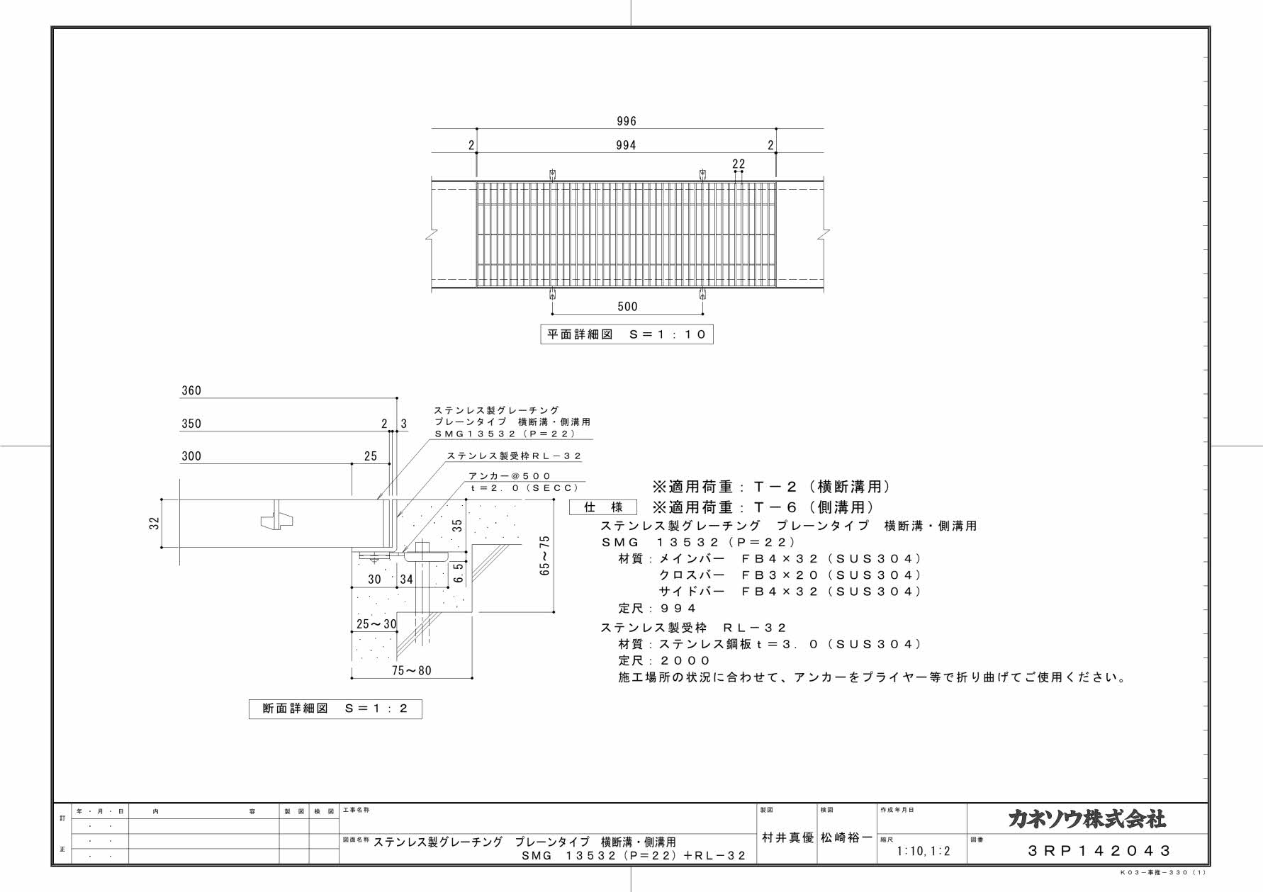 カネソウ SUSグレーチング プレーンタイプ横断溝・側溝用 (SMG-13532-P