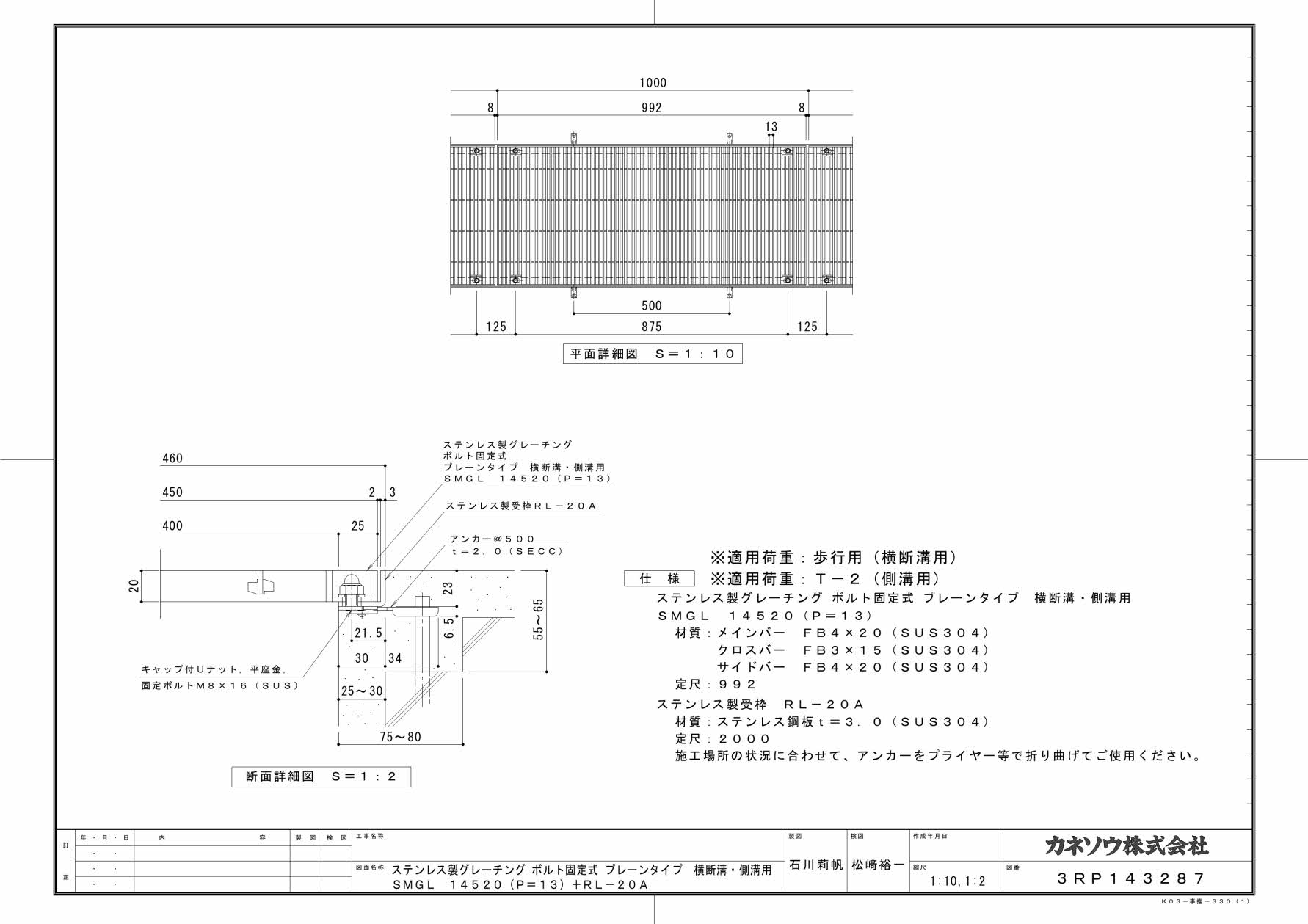 カネソウ SUSグレーチング ボルト固定式プレーンタイプ横断溝・側溝用