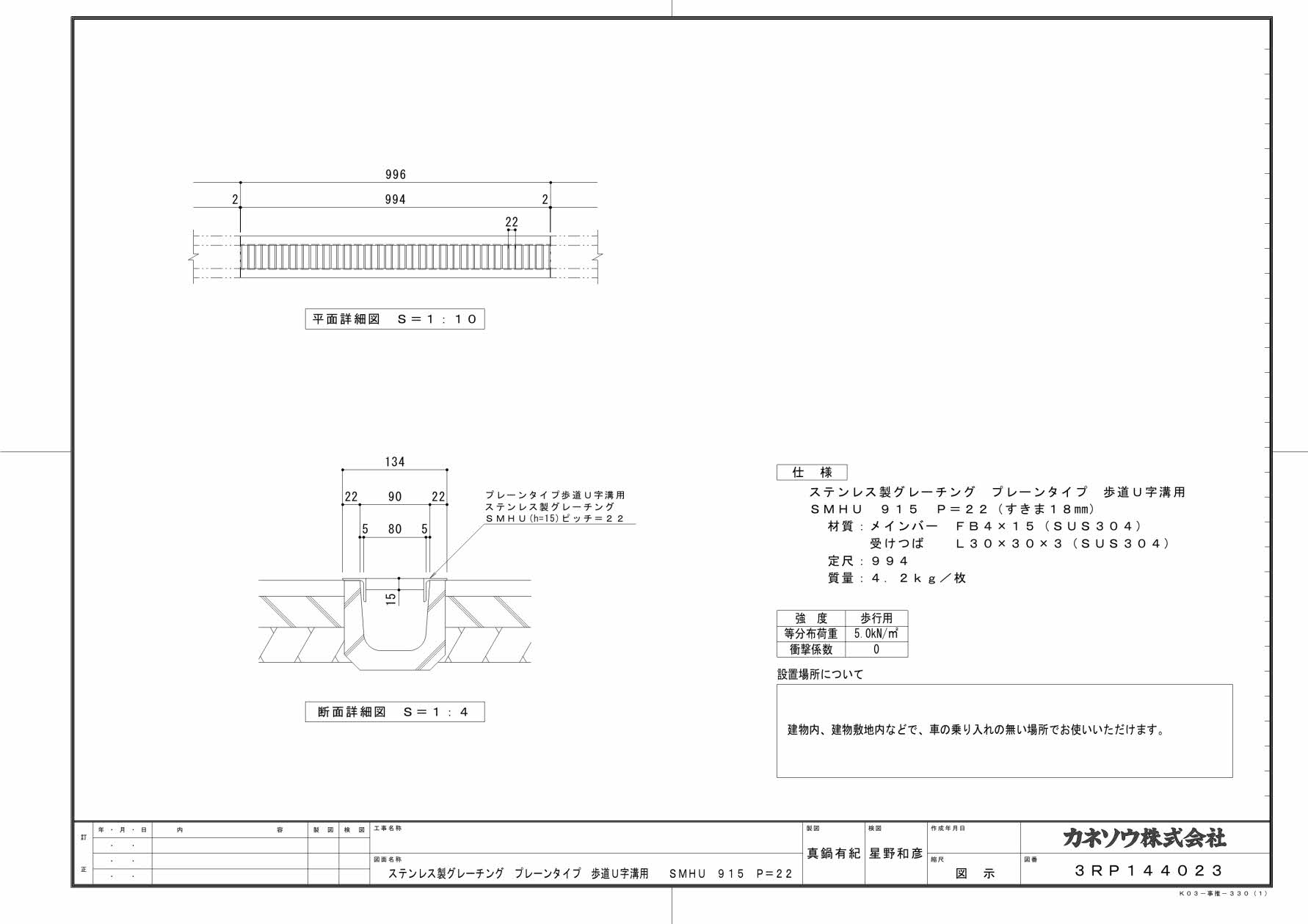 カネソウ SUSグレーチング プレーンタイプ歩道U字溝用 (SMHU-915-P=22