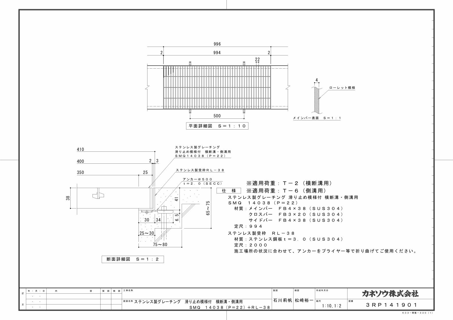 カネソウ SUSグレーチング U字溝用滑り止め模様付グレーチング横断溝