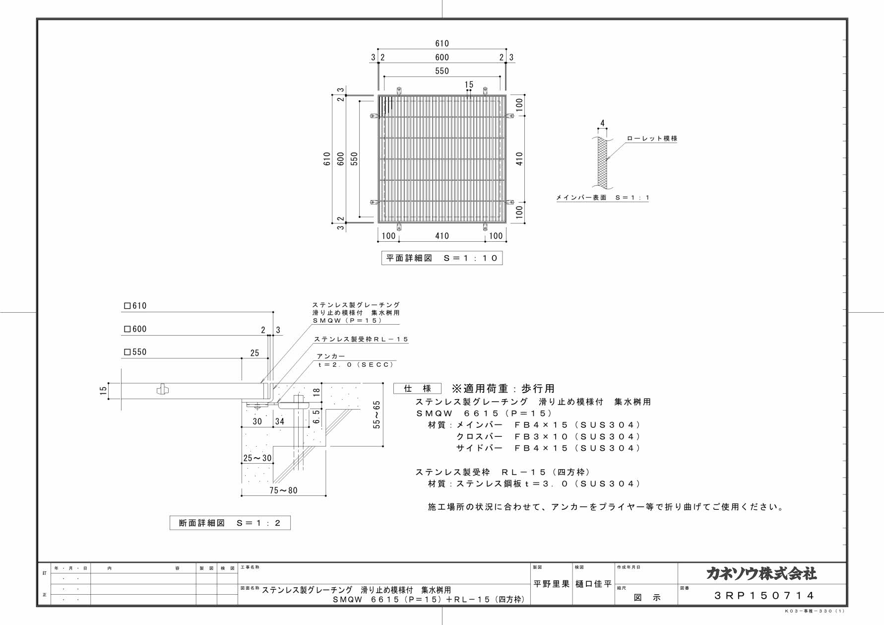 カネソウ SUSグレーチング 滑り止め模様付集水桝用 (SMQW-6615-P=15