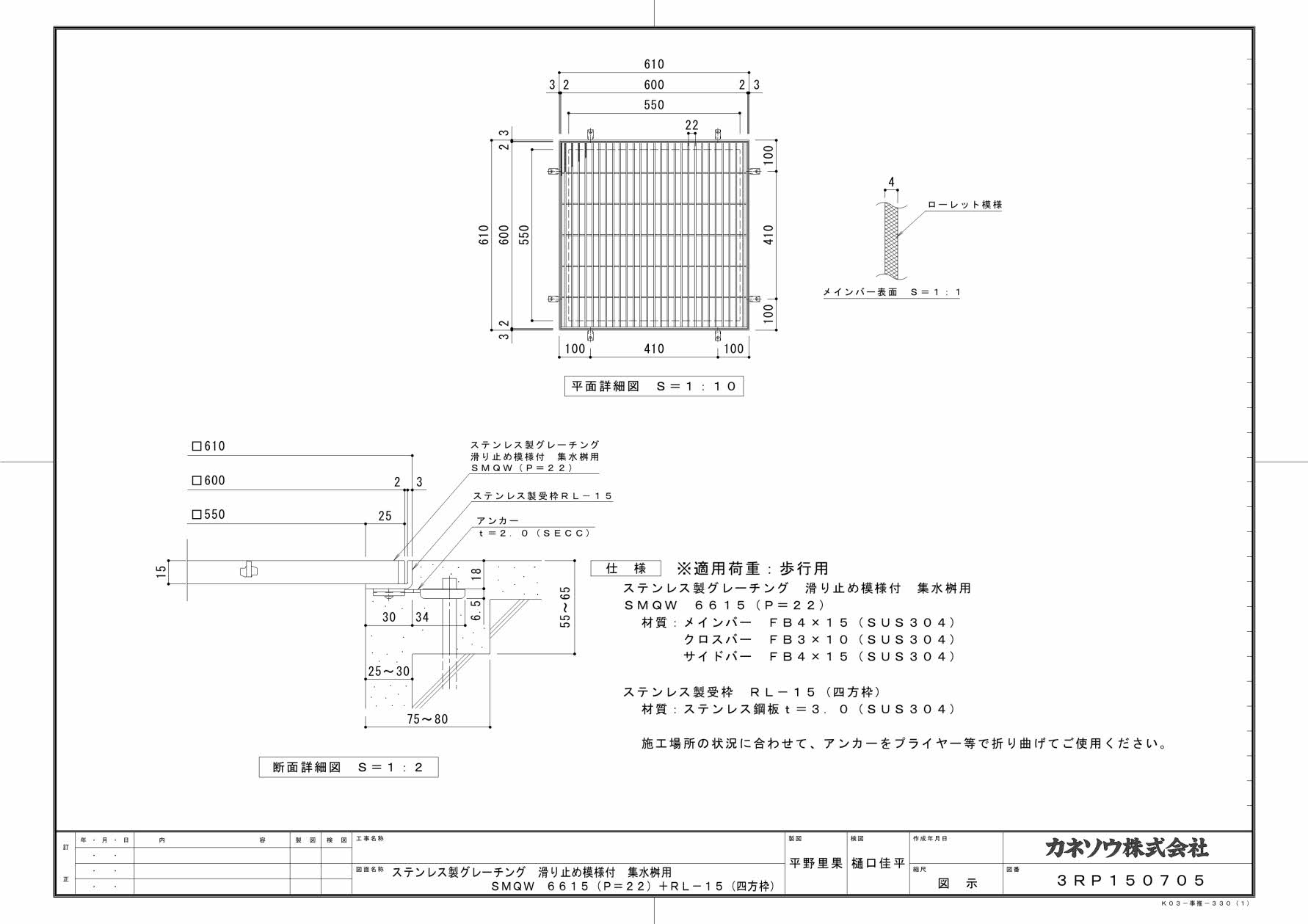 カネソウ SUSグレーチング 滑り止め模様付集水桝用 (SMQW-6615-P=22