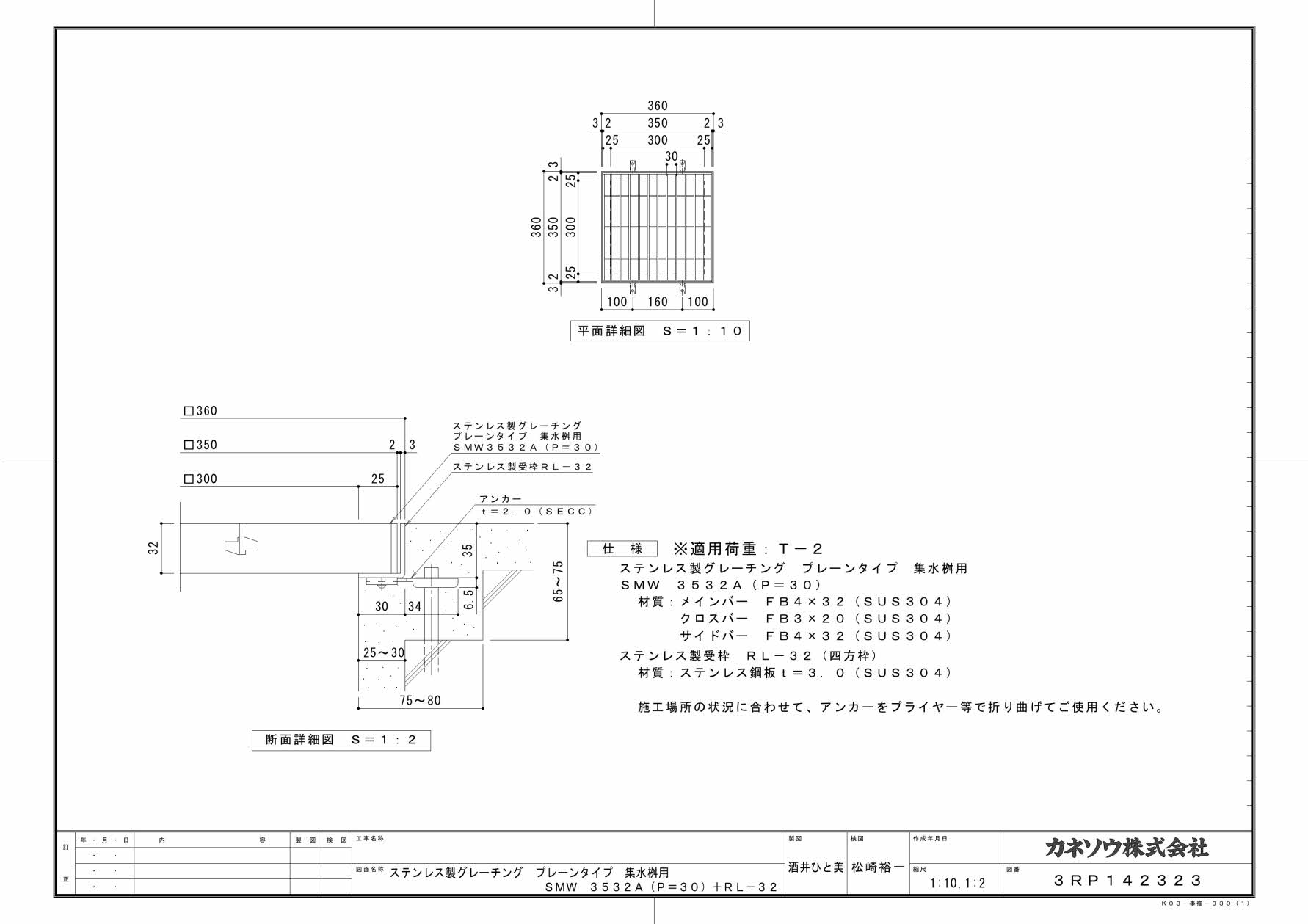 カネソウ SUSグレーチング プレーンタイプ集水桝用 (SMW-3532A-P=30+RL