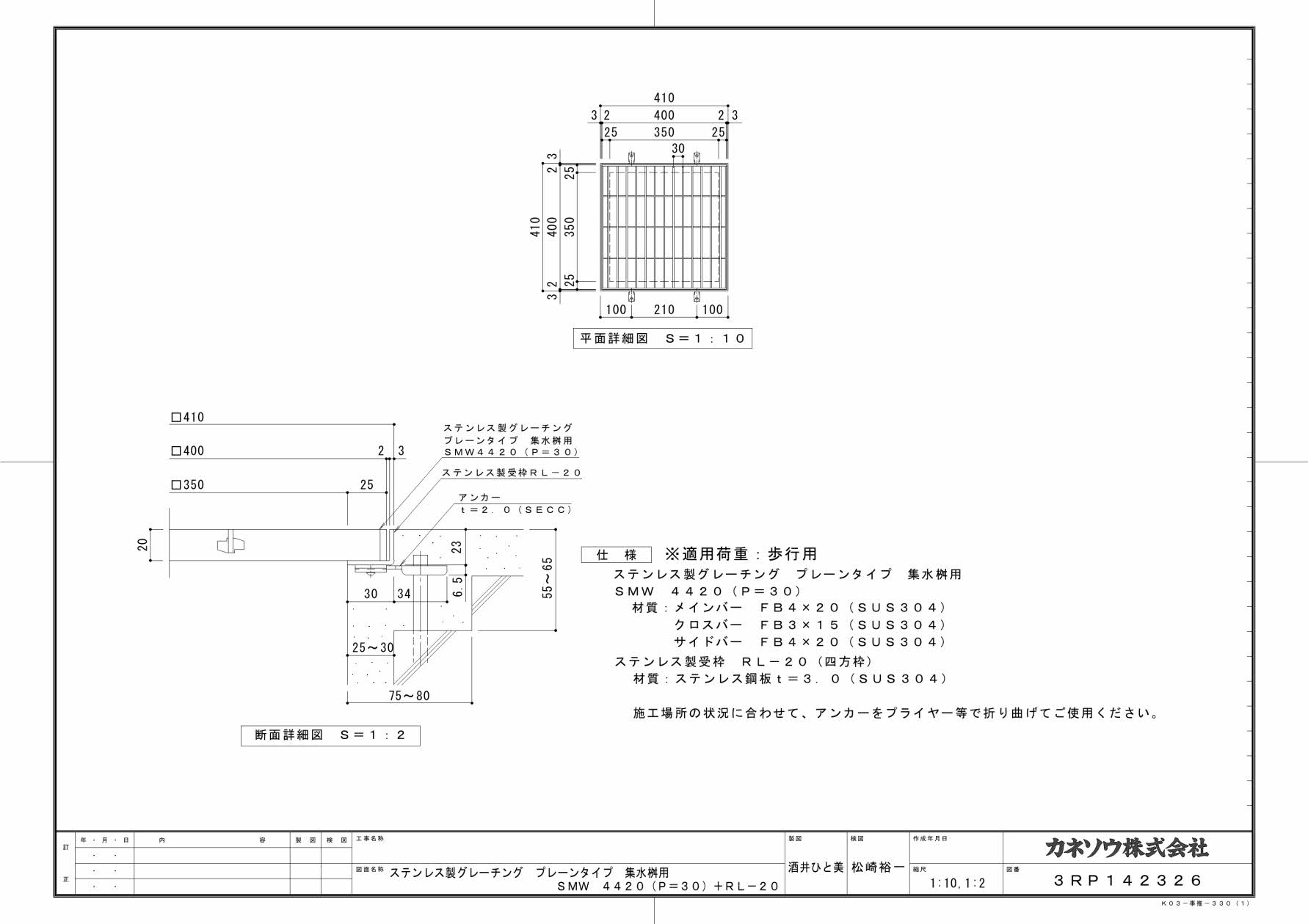 カネソウ SUSグレーチング プレーンタイプ集水桝用 (SMW-4420-P=30