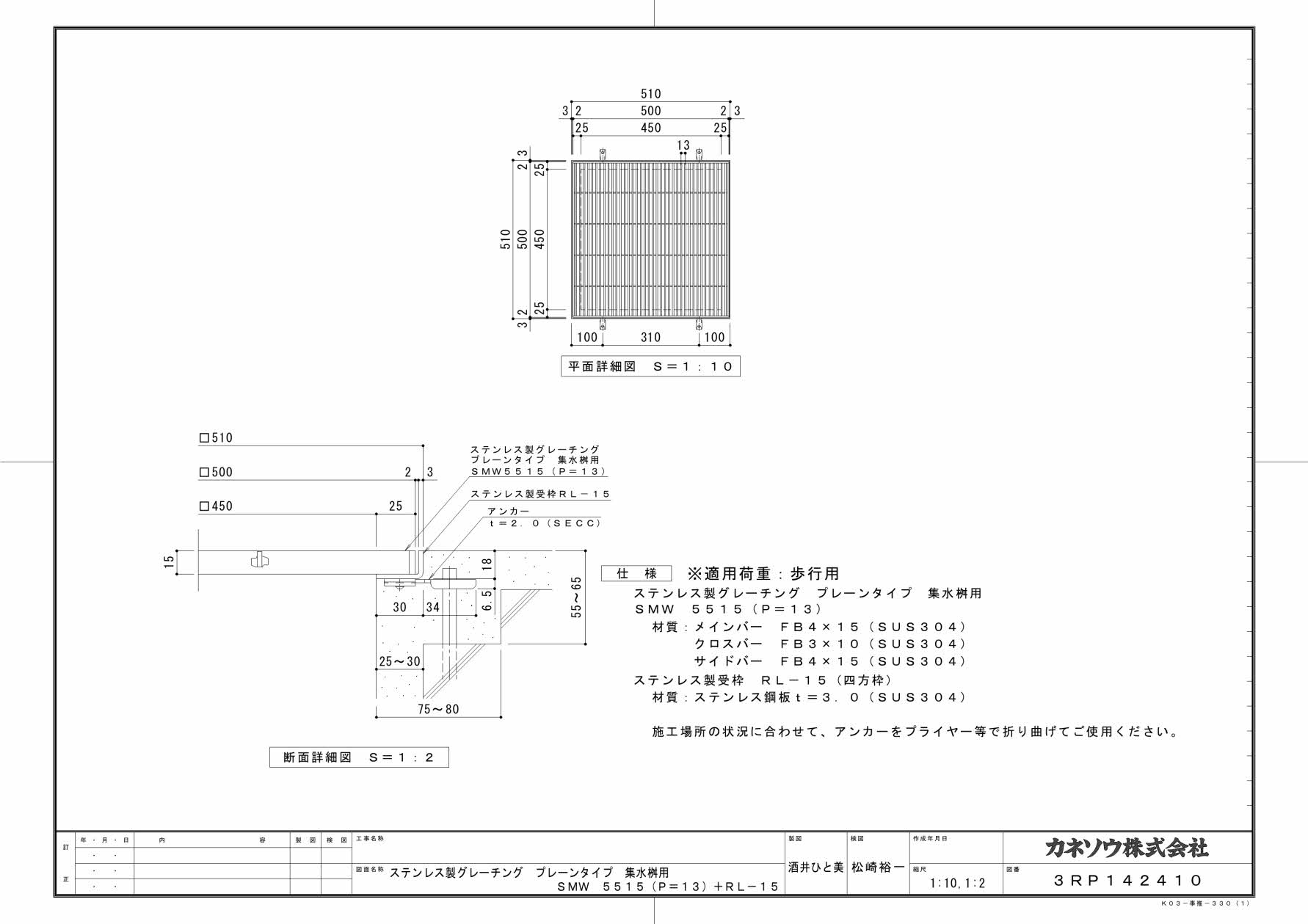 カネソウ SUSグレーチング プレーンタイプ集水桝用 (SMW-5515-P=13