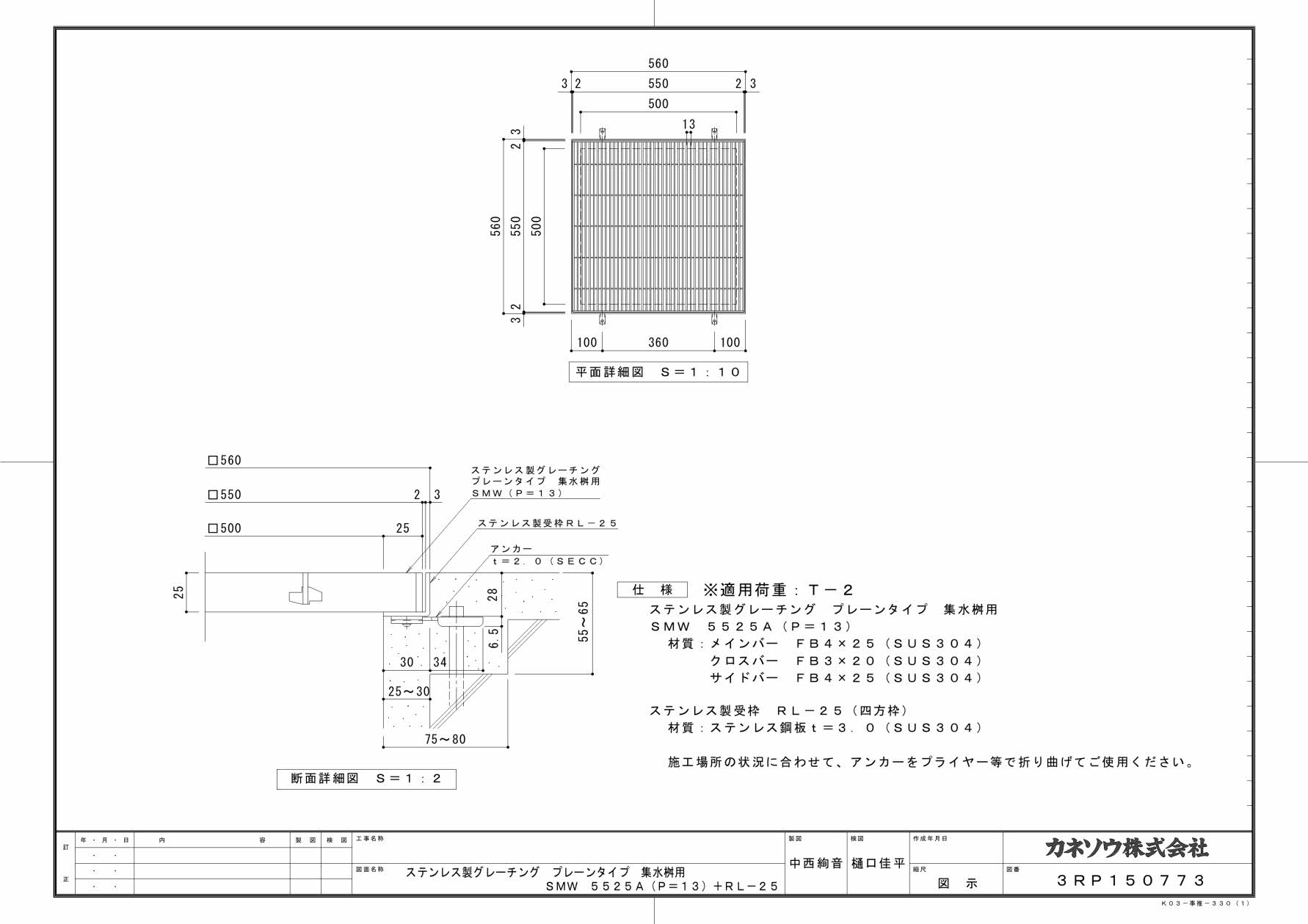 カネソウ SUSグレーチング プレーンタイプ集水桝用 (SMW-5525A-P=13+RL