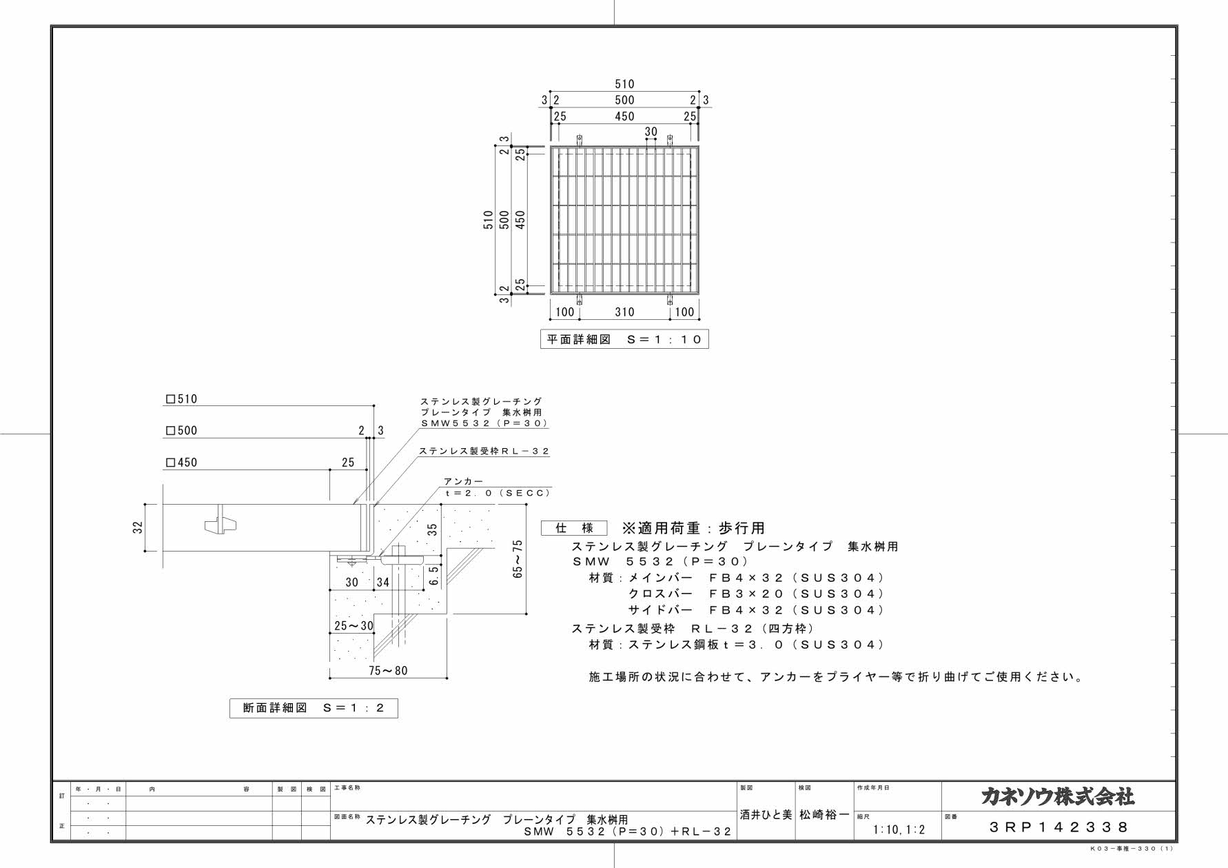 カネソウ SUSグレーチング 落葉助っ人バスケット付プレーンタイプ集水