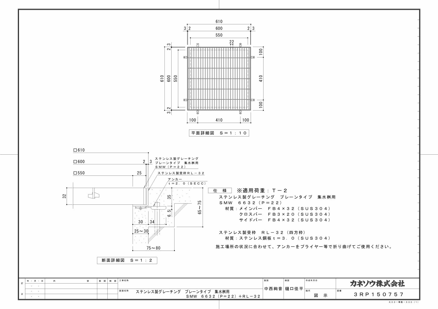 カネソウ SUSグレーチング プレーンタイプ集水桝用 (SMW-6632-P=22