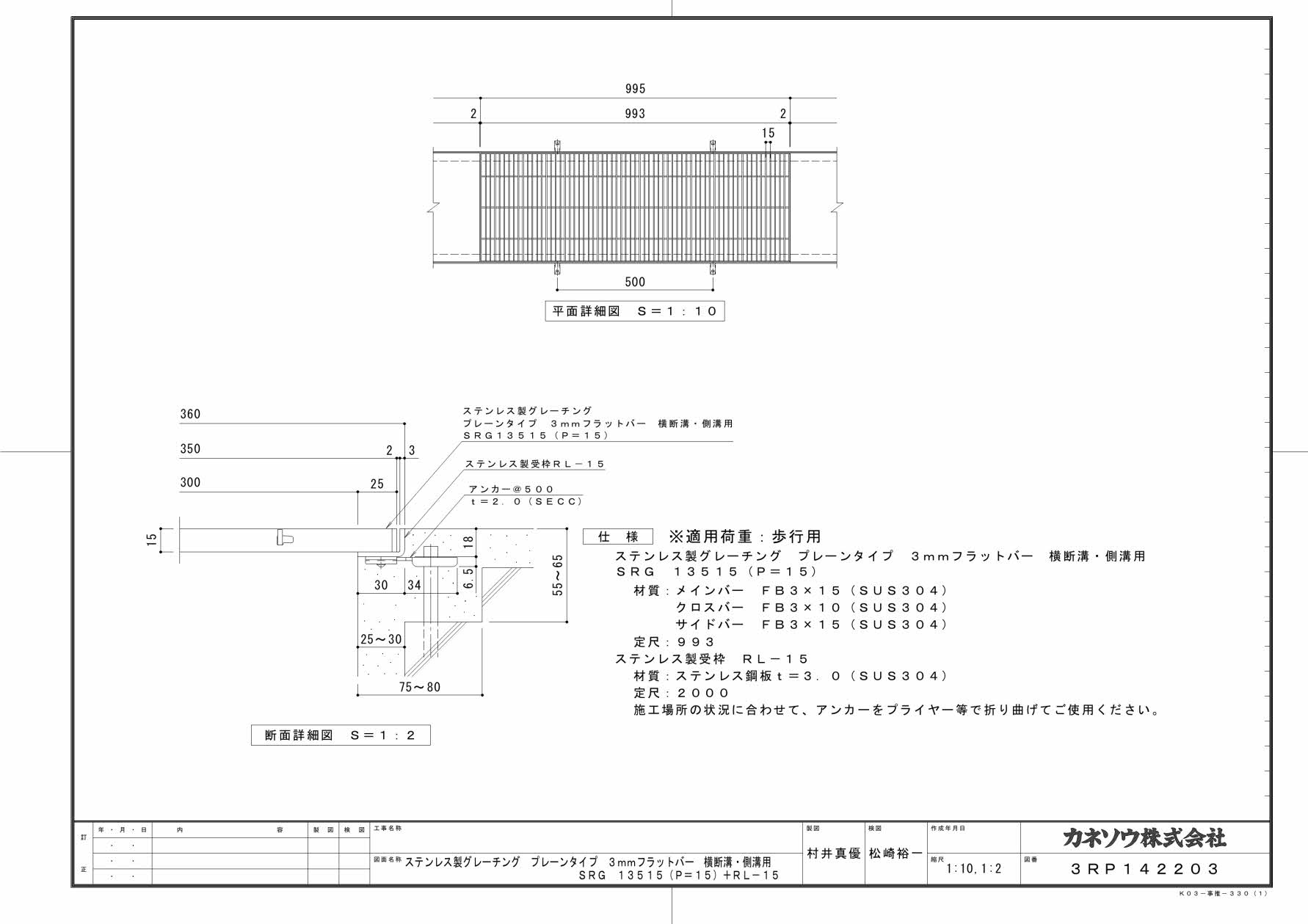 カネソウ SUSグレーチング プレーンタイプ3mmフラットバー横断溝・側溝