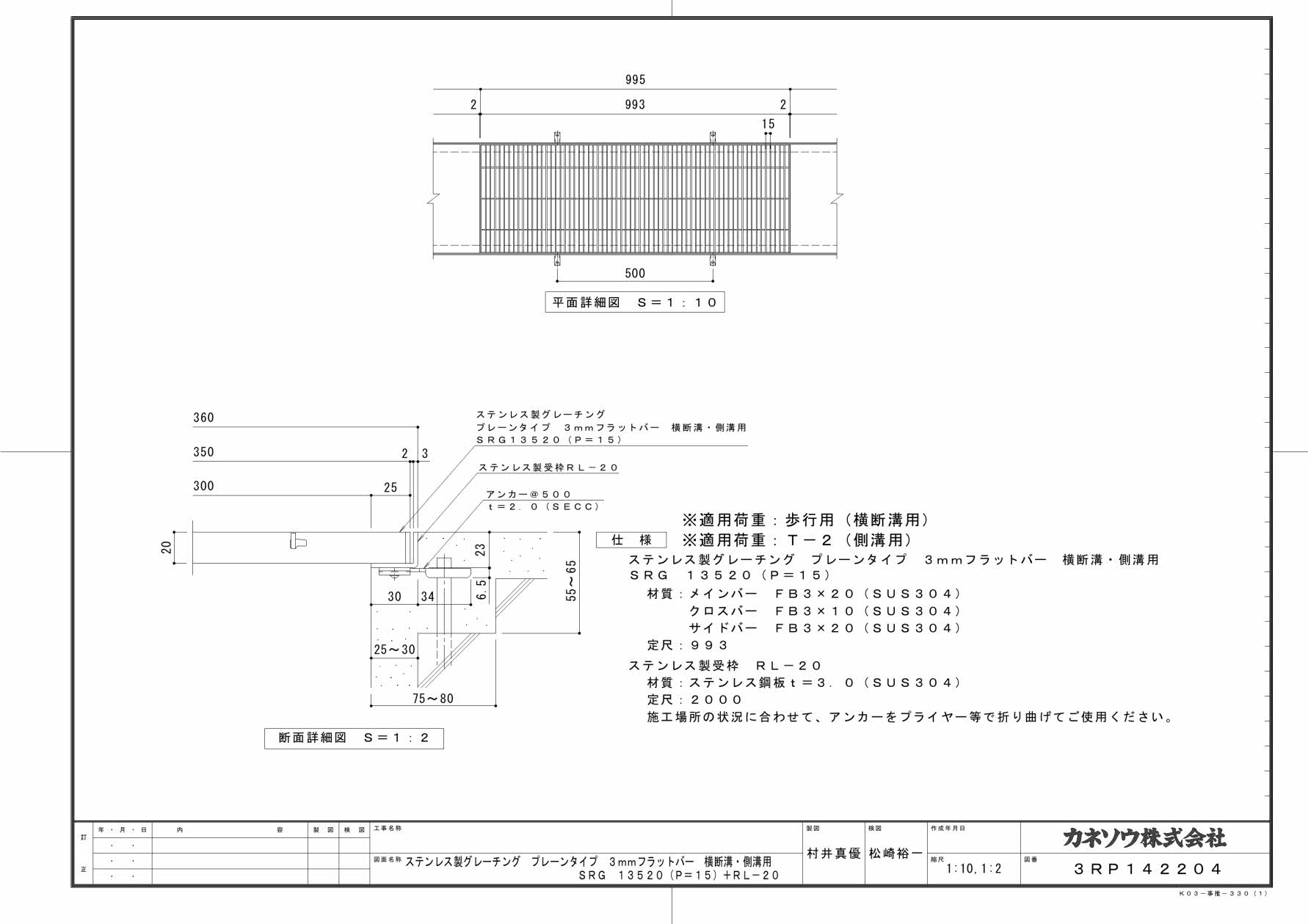 カネソウ SUSグレーチング プレーンタイプ3mmフラットバー横断溝・側溝