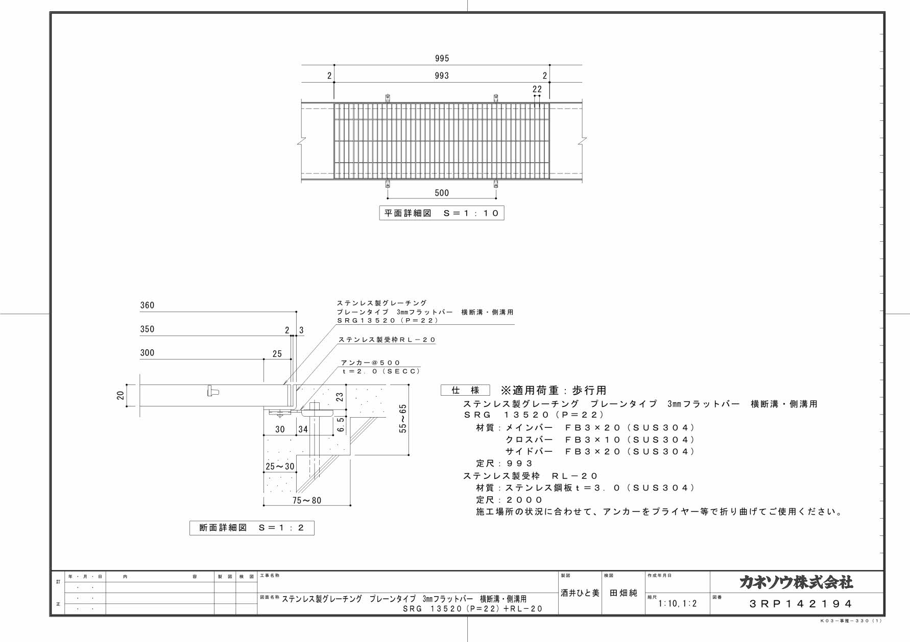 カネソウ SUSグレーチング プレーンタイプ3mmフラットバー横断溝・側溝