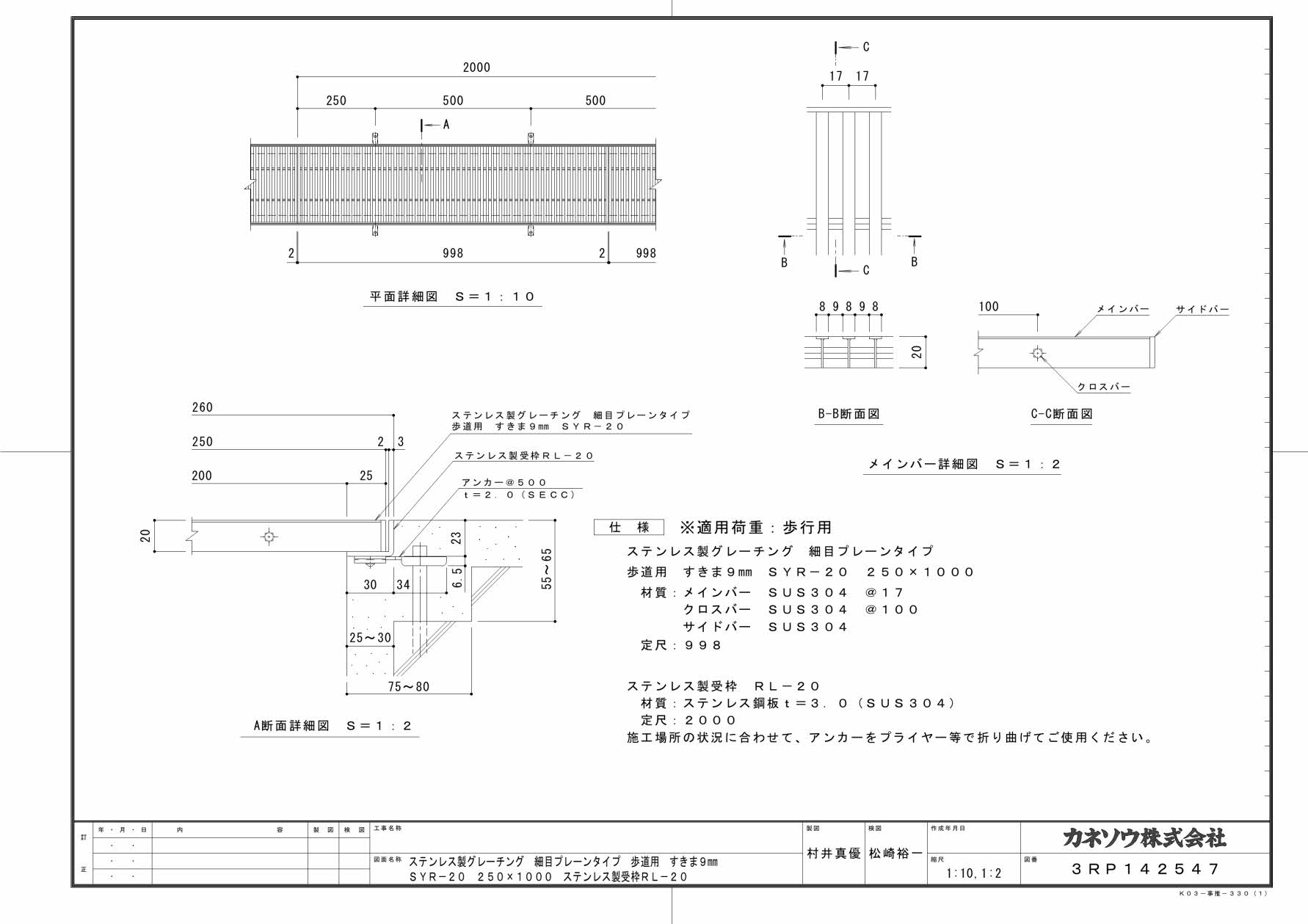 カネソウ SUSグレーチング 細目プレーンタイプ歩道用 (SYR-20-250×1000