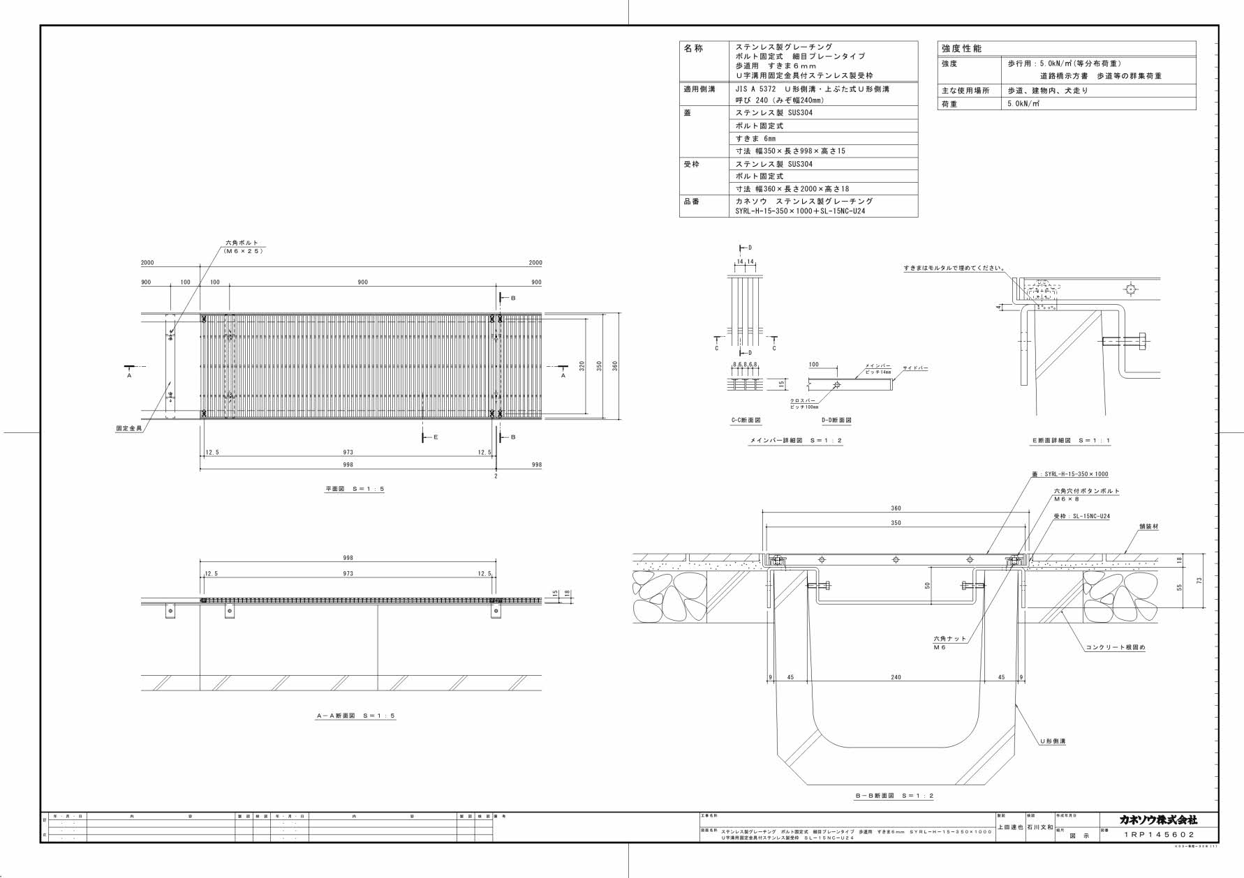 カネソウ SUSグレーチング U字溝用クランプ付ステンレス製受枠 (SYRL-H