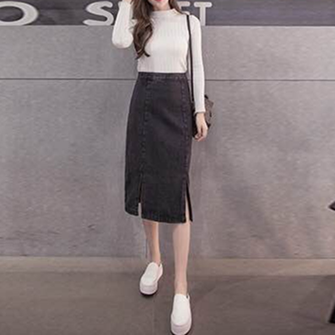 レディース デニム タイト スカート スリムシルエット 膝丈 膝下 台形