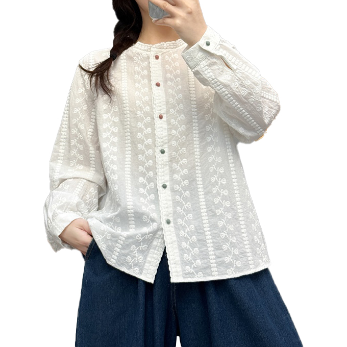 刺繍レース シャツ レディース 綿100% 刺繍 レース スタンドカラー 2