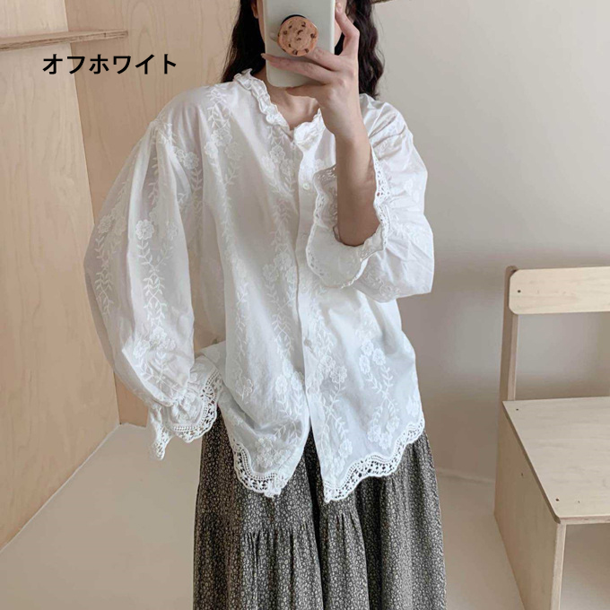 刺繍レース シャツ レディース 春 夏 秋 綿100% 刺繍 レース フリル