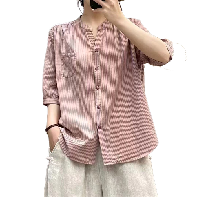 ダブルガーゼ シャツ レディース 5分袖 半袖 春 夏 秋 M L キーネック