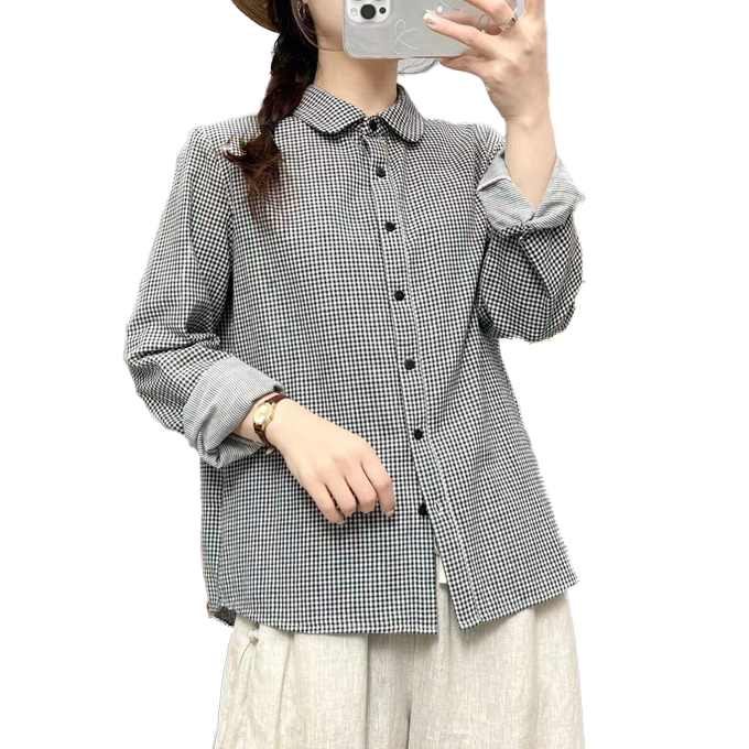 45R シャツ 長袖 丸襟 ギンガムチェック コットン Rステッチ刺繍 サイズ3 ダブルガーゼ シャツ レディース 春 夏 秋 冬 M L XL 長袖 ギンガム 丸