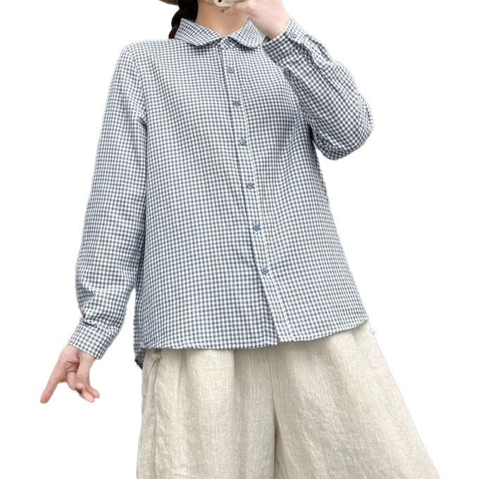 ダブルガーゼ シャツ レディース 春 夏 秋 冬 M L XL 長袖 ギンガム 丸
