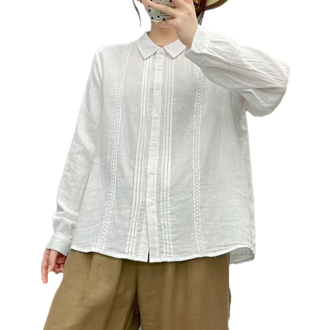ダブルガーゼ シャツ レディース 綿レース ピンタック M L レース 