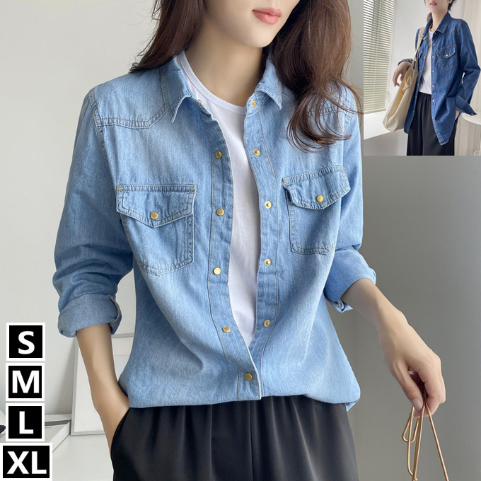 デニムシャツ ダンガリーシャツ レディース 長袖 金ボタン ゴールド