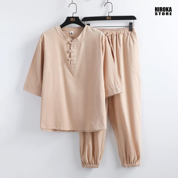 甚平上下セット メンズ コットン ヘンリーネック 美しい涼しさ 男性用 コットン甚平2点セット ファッションパジャマ 半袖 無地のパジャマ。 |  | 01
