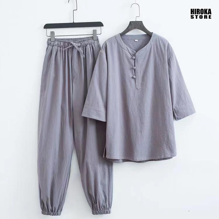 甚平上下セット メンズ コットン ヘンリーネック 美しい涼しさ 男性用 コットン甚平2点セット ファッションパジャマ 半袖 無地のパジャマ。 |  | 03