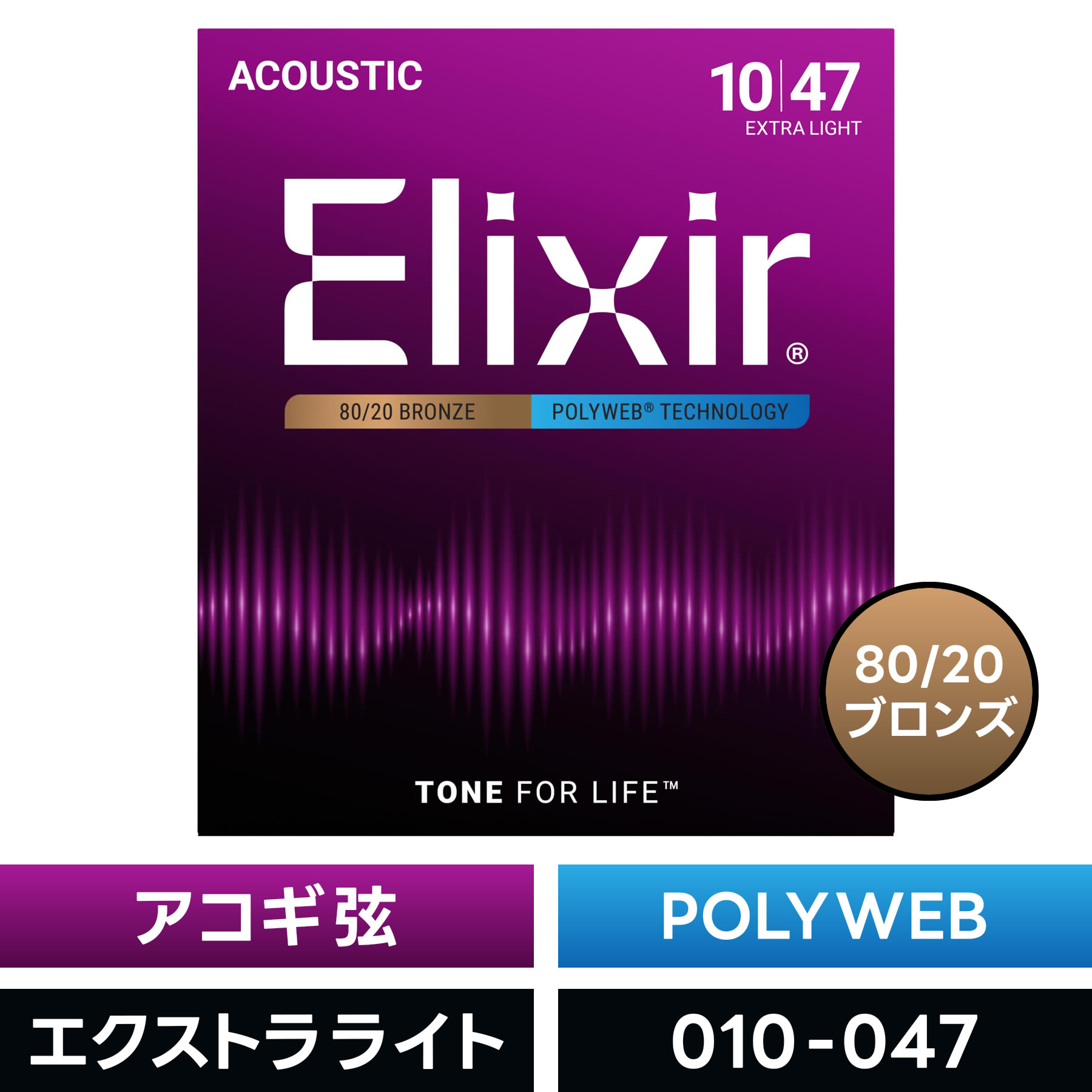 Elixir（エリクサー） アコースティックギター弦 ナノウェブ Custom