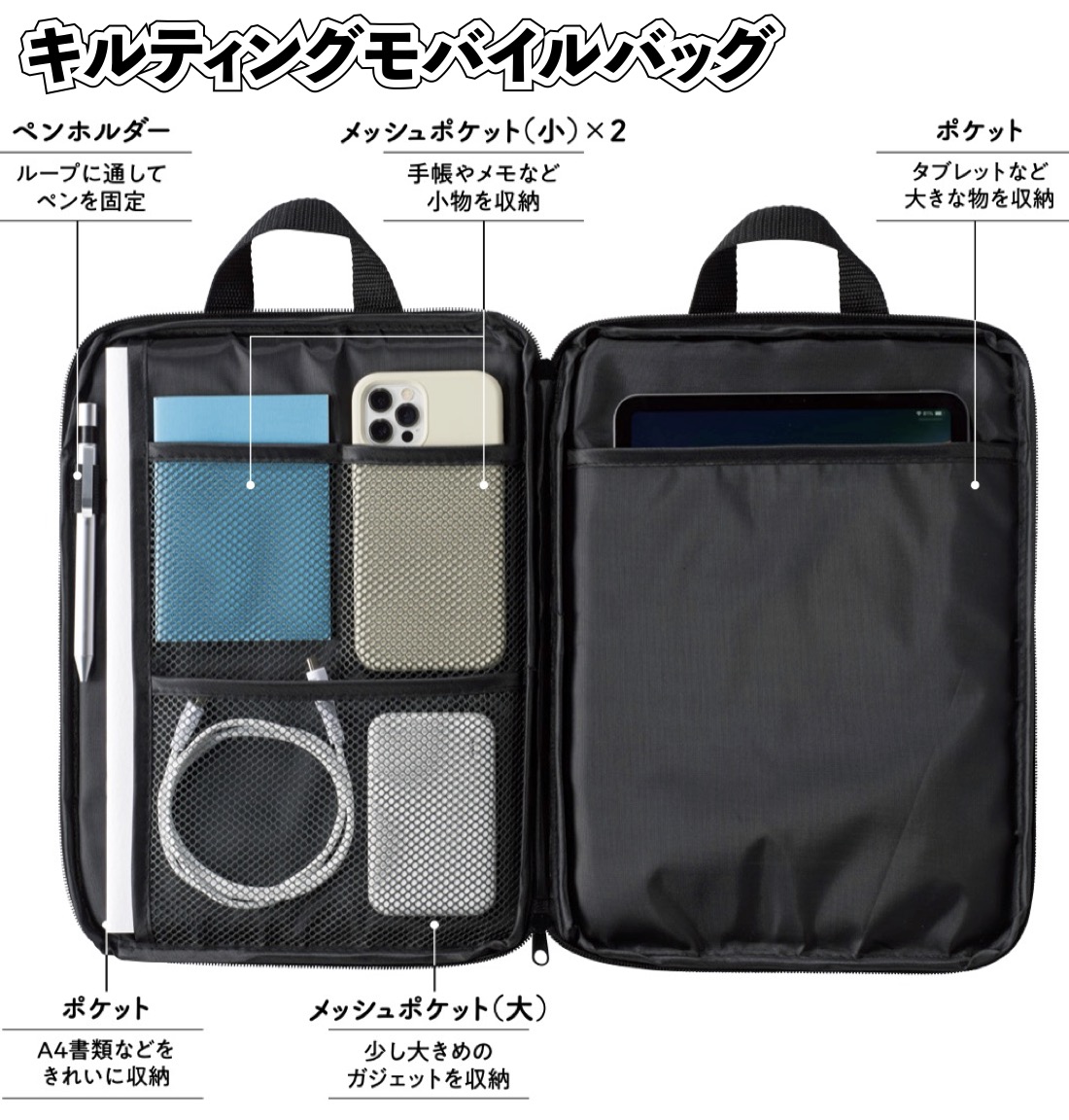 キルティングモバイルバッグ タブレット 仕分け バッグインバッグ