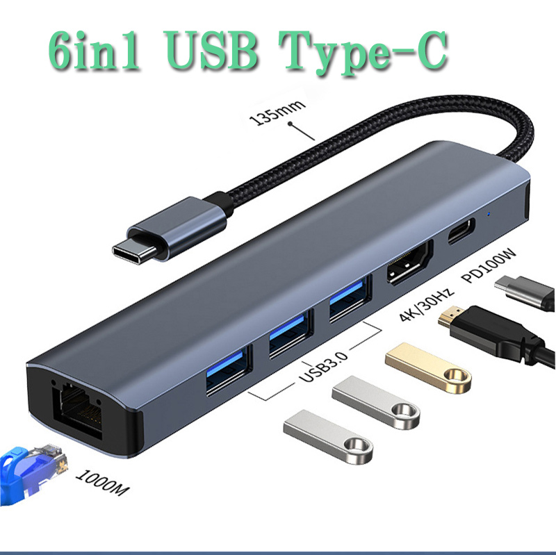 6in1 Type-C ハブ HDMI ポート 4K USB3.0ポート USBハブ Type-Cハブ