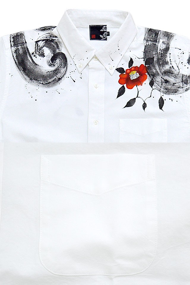 荒波に椿オックスフォード長袖シャツ 碧 和柄 和風 あお 京都 手描き