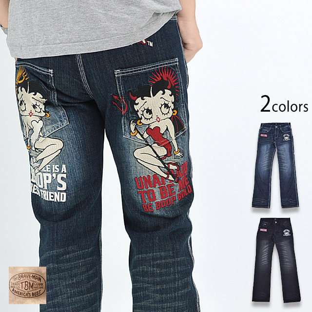 BR×BETTYコラボ デニムパンツ The BRAVE-MAN BBB-2348 ブレイブマン ベティーちゃん 刺繍 ジーンズ バイカー BR×BETTYコラボ デニムパンツ The BRAVE-MAN BBB-2348 ブレイブマン
