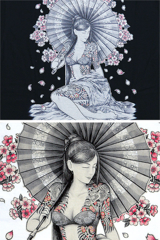 手描き風番傘花魁インクジェット半袖Tシャツ CHIGIRI CHS49-591
